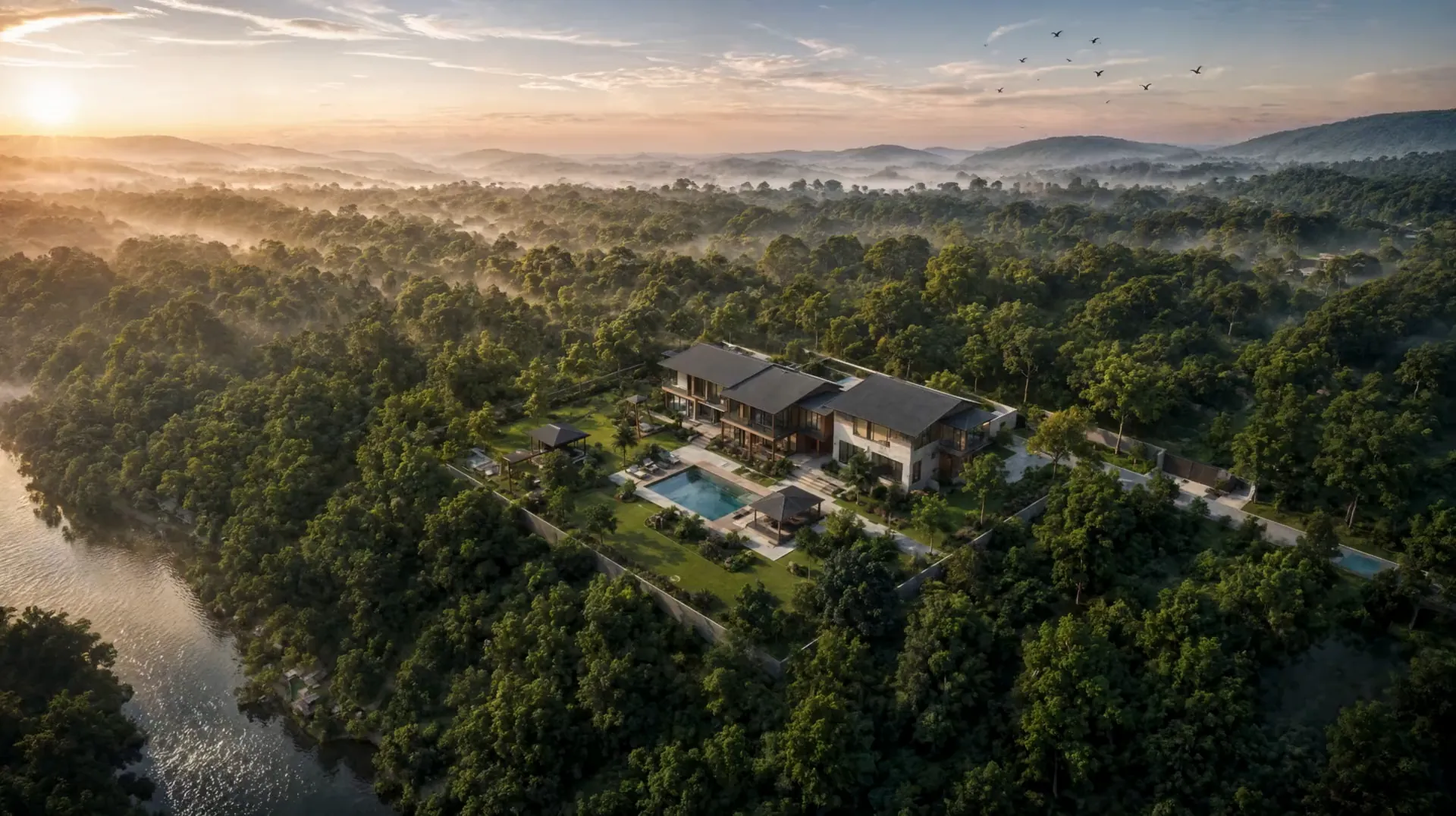 Aerial view of Lake House, a private residence